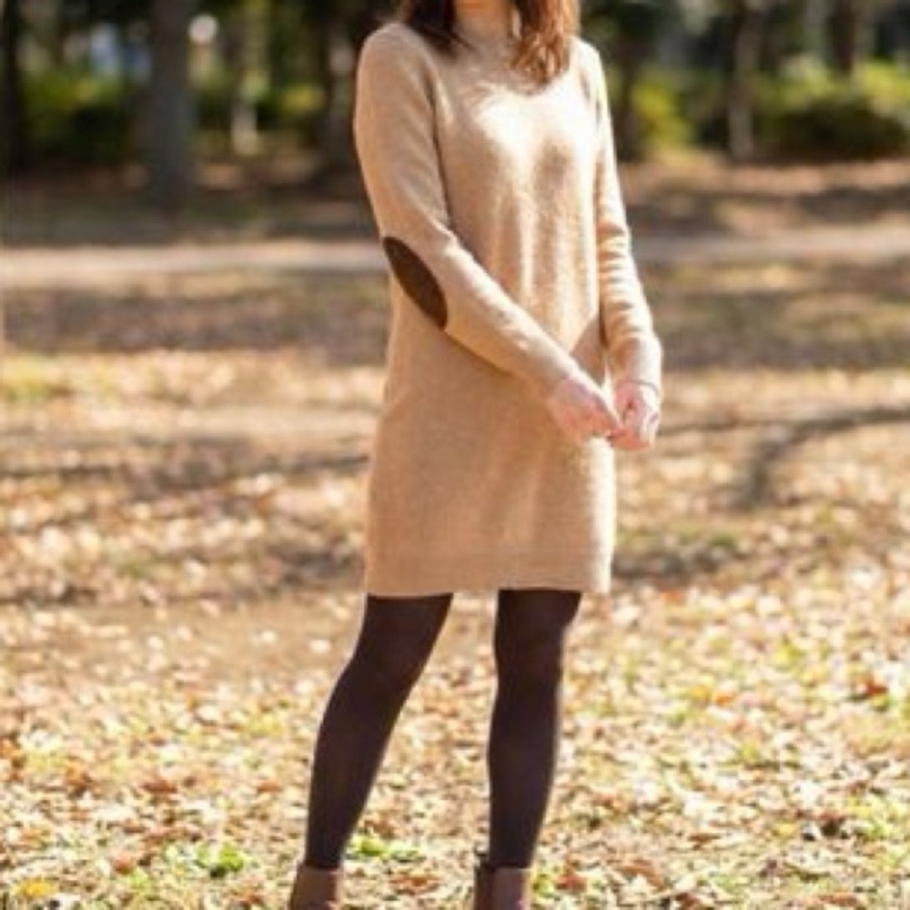 Polo Ralph Lauren Merino Wool Cashmere Blend Elbow Patch Sweater Dress Camel M